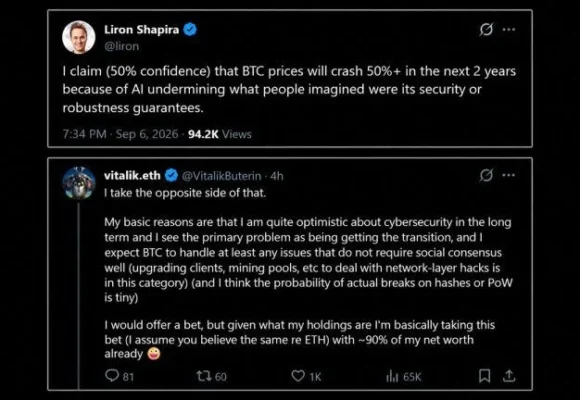 Ethereum’s Vitalik Bets 90% of His Net Worth Against an AI Bitcoin Crash